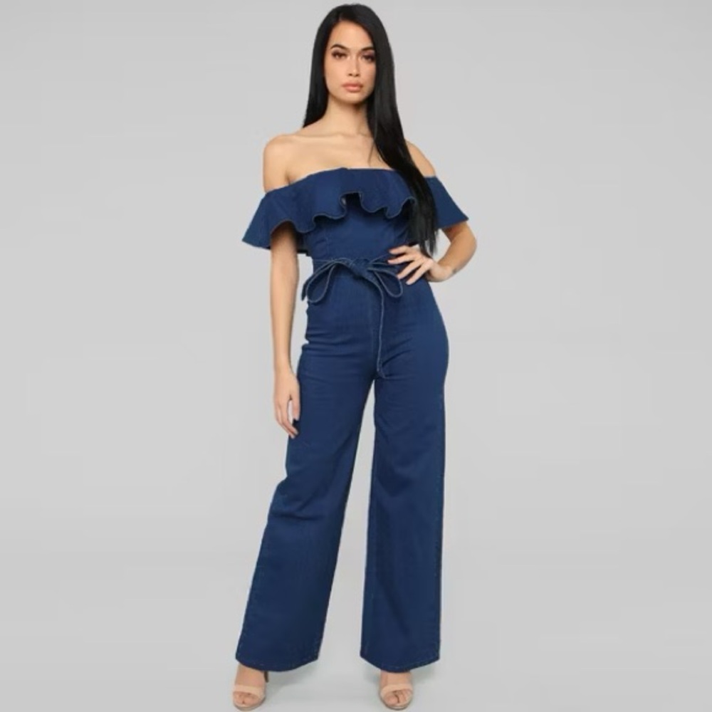 Fashion Nova Navy Off-Shoulder Jumpsuit